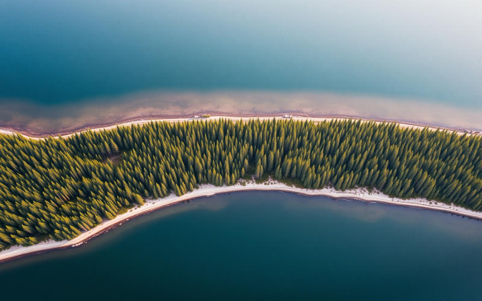 Aerial view of a Michigan shoreline with pine forest meeting the lake